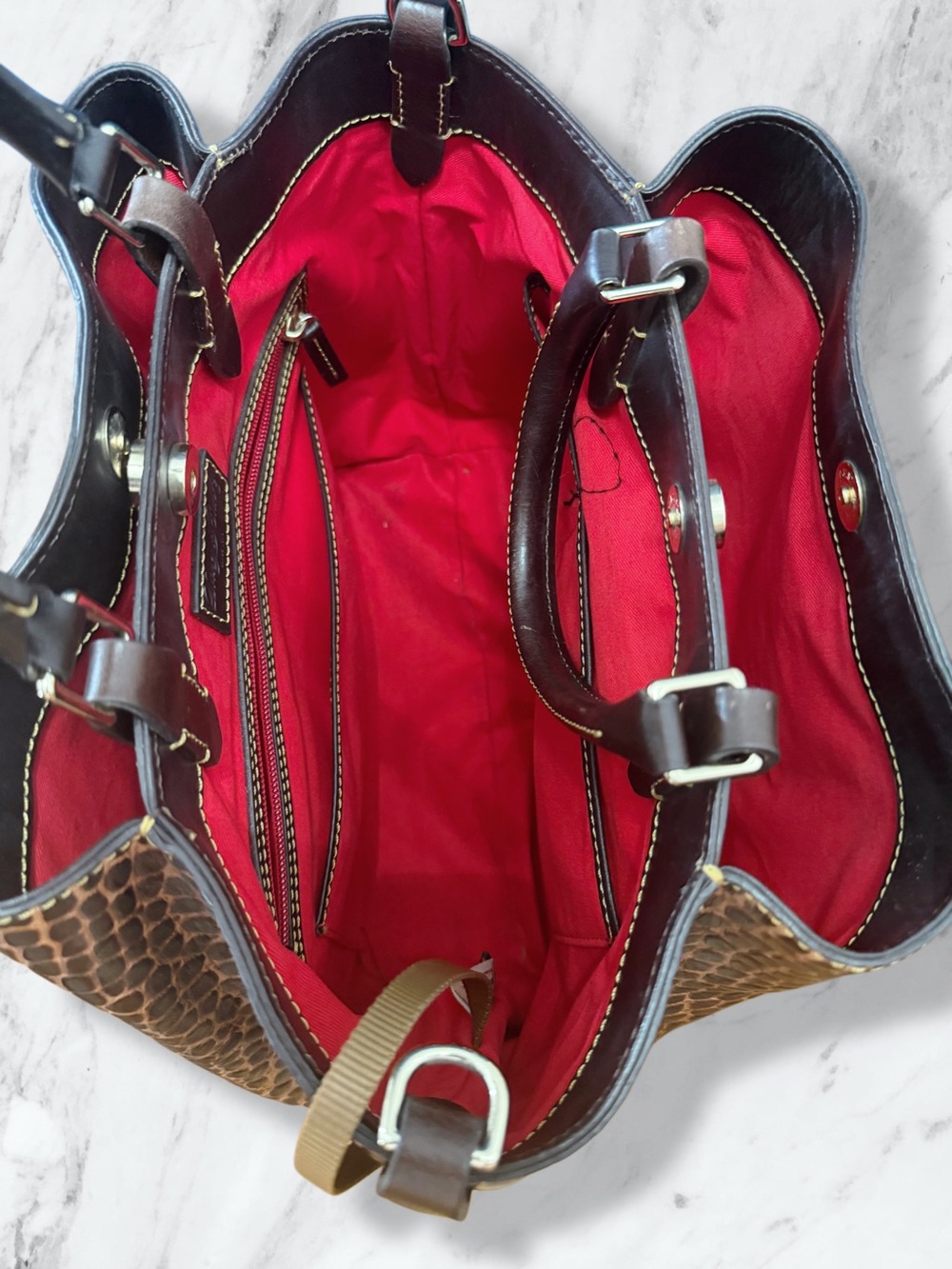 Dooney & Bourke Croc-Embossed Brown Leather Shopper with Red Interior - Picture 3 of 7